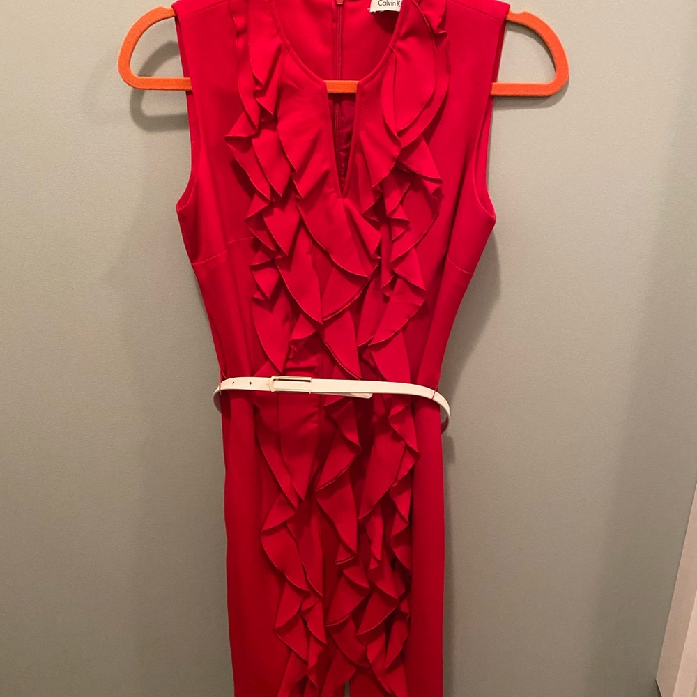 Calvin Klein red dress with white belt